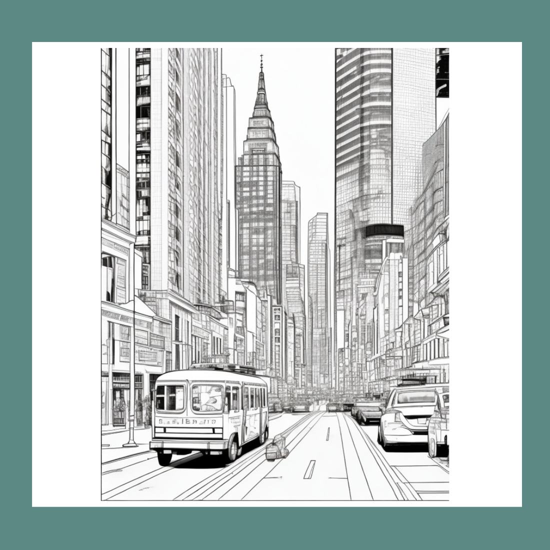 A cityscape with skyscrapers and a busy street scene coloring page