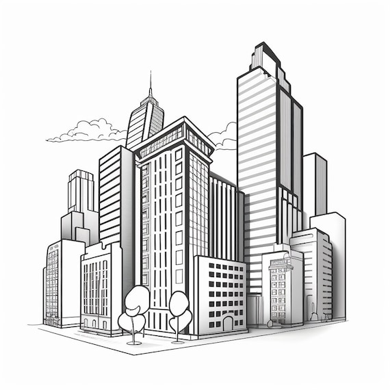 Printable coloring pages of city buildings and skyscrapers perfect for architecture lovers