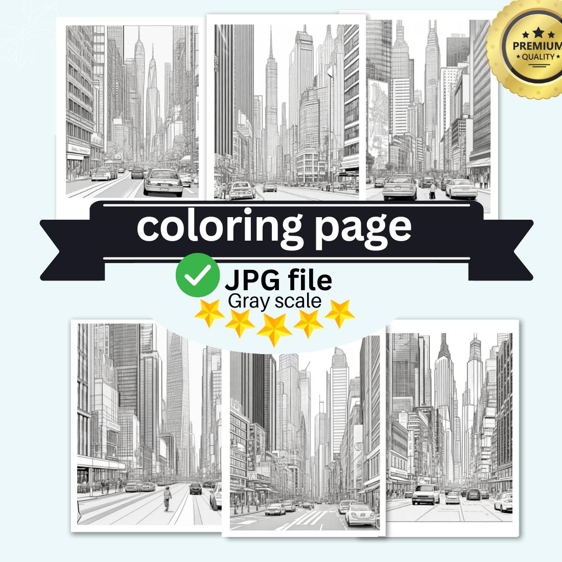 A cityscape with skyscrapers and a busy street scene coloring page