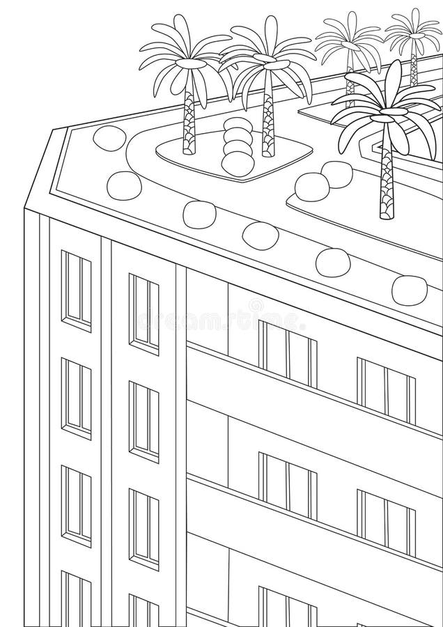 Coloring page with a skyscraper and city landscaping as a coloring colorless outline or linear vector stock illustration with a stock vector