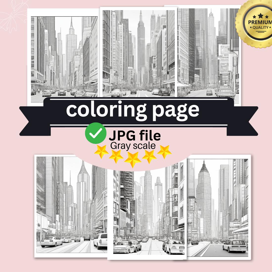 A cityscape with skyscrapers and a busy street scene coloring page