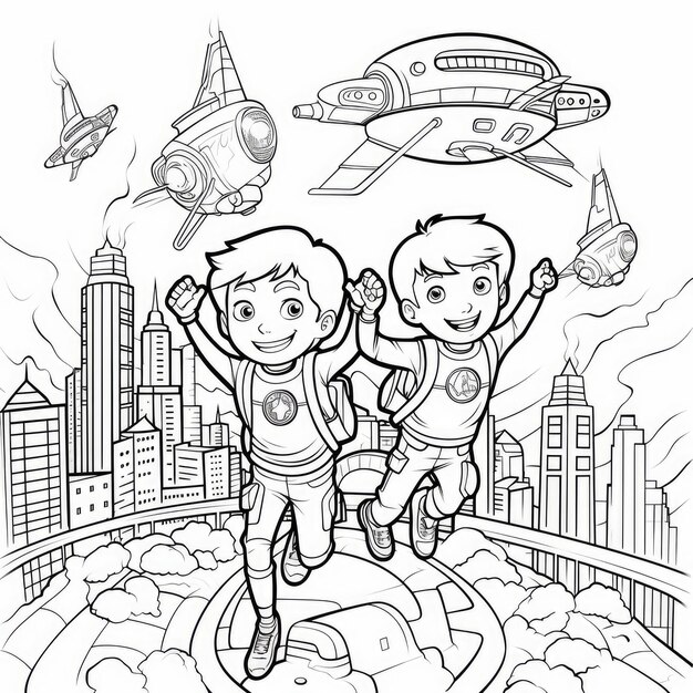 Premium ai image the adventures of aerial friends a futuristic skyscraper coloring book for kids