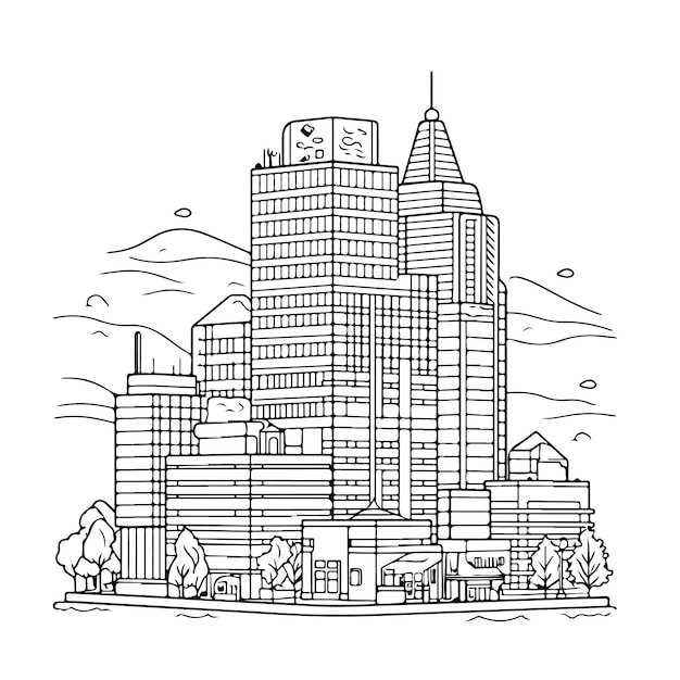 Premium vector sketch hand drawn single line art coloring page city day
