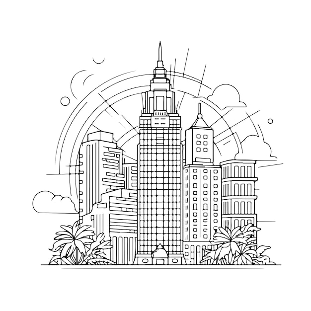 Premium vector sketch hand drawn single line art coloring page city day