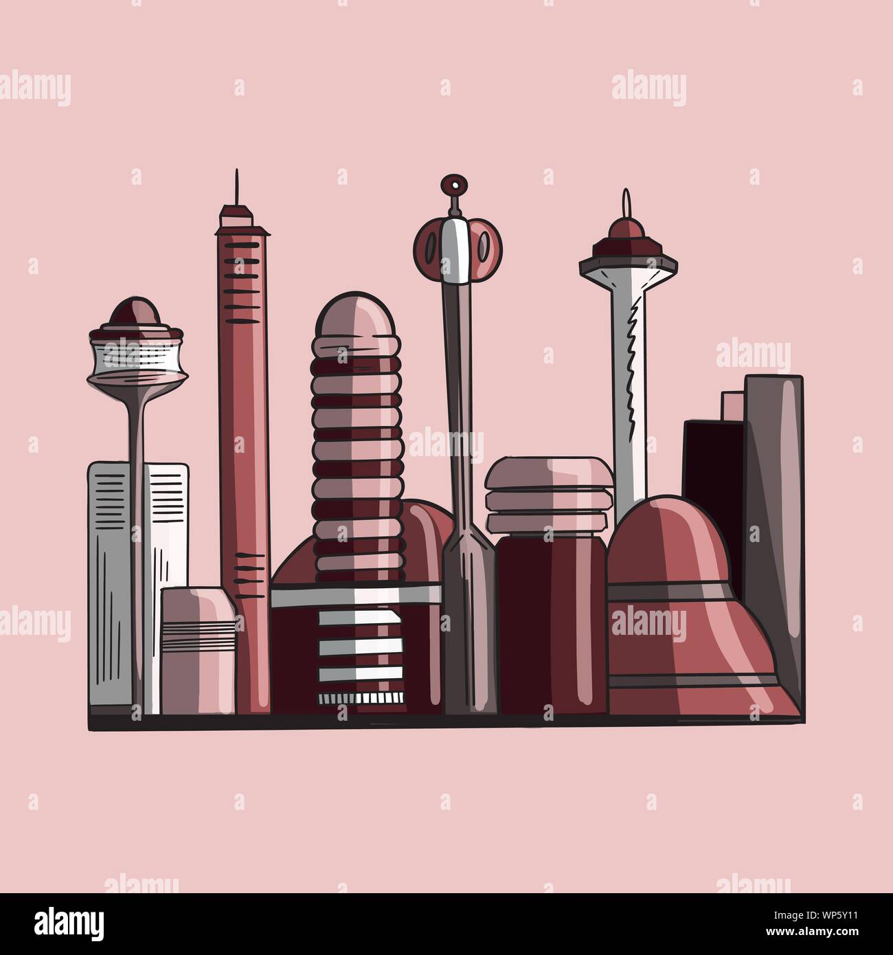 Vector color illustration of futuristic outlines of skyscrapers of the city of the future on the pink background stock vector image art