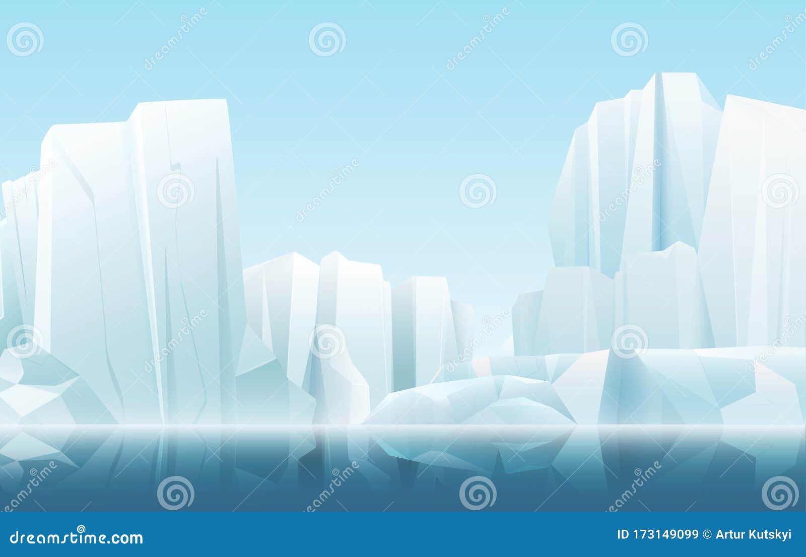 Cartoon soft color nature winter arctic icy fog landscape with crystal clean icebergs and snow mountains vector stock vector
