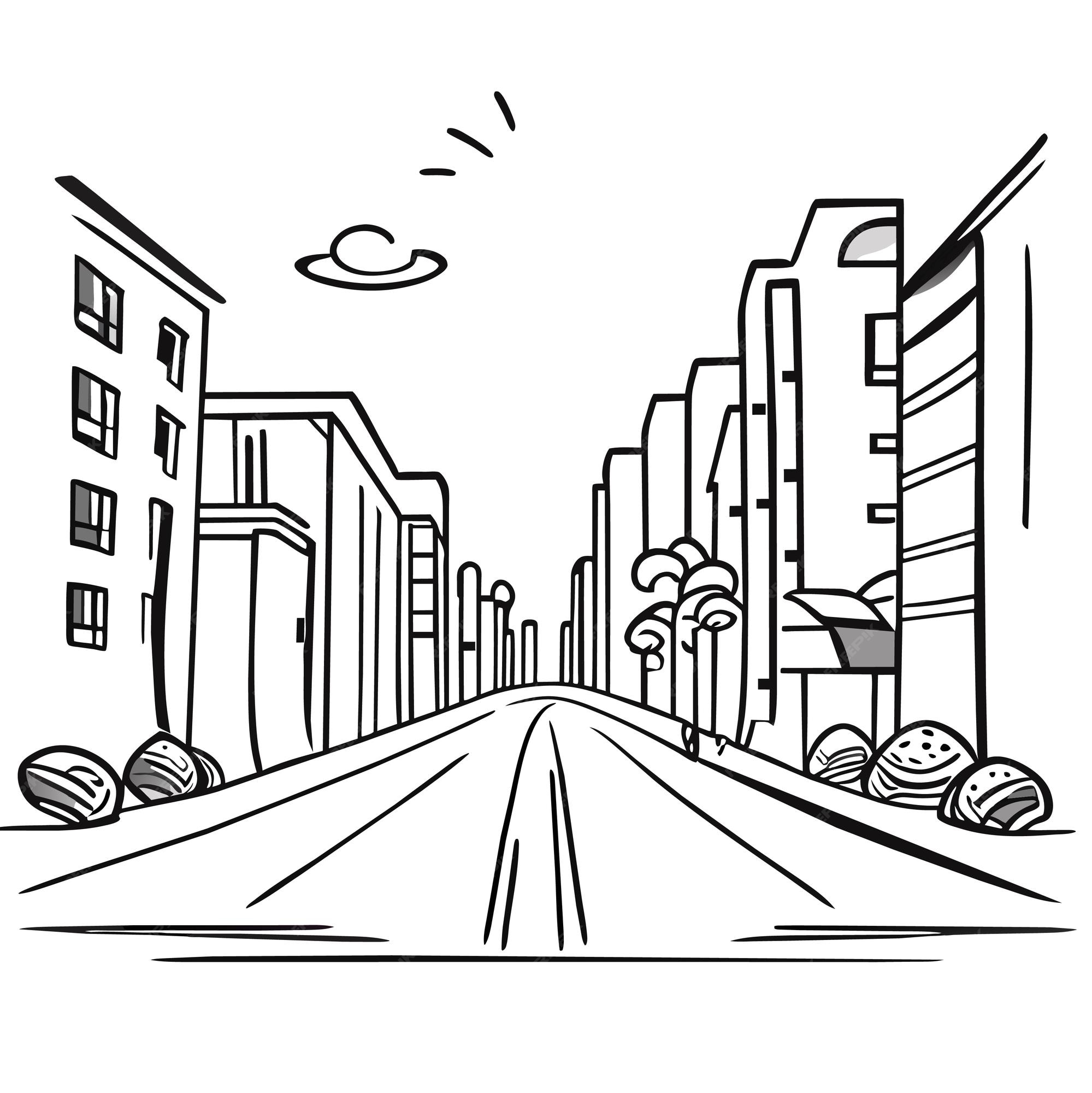 Premium vector city street with road at early morning driveway and beautiful skyscrapers city building scenes