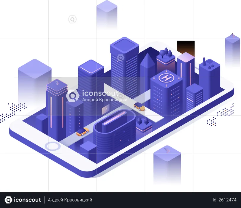 Best futuristic megalopolis at night glowing buildings and skyscrapers on smartphone screen illustration download in png vector format