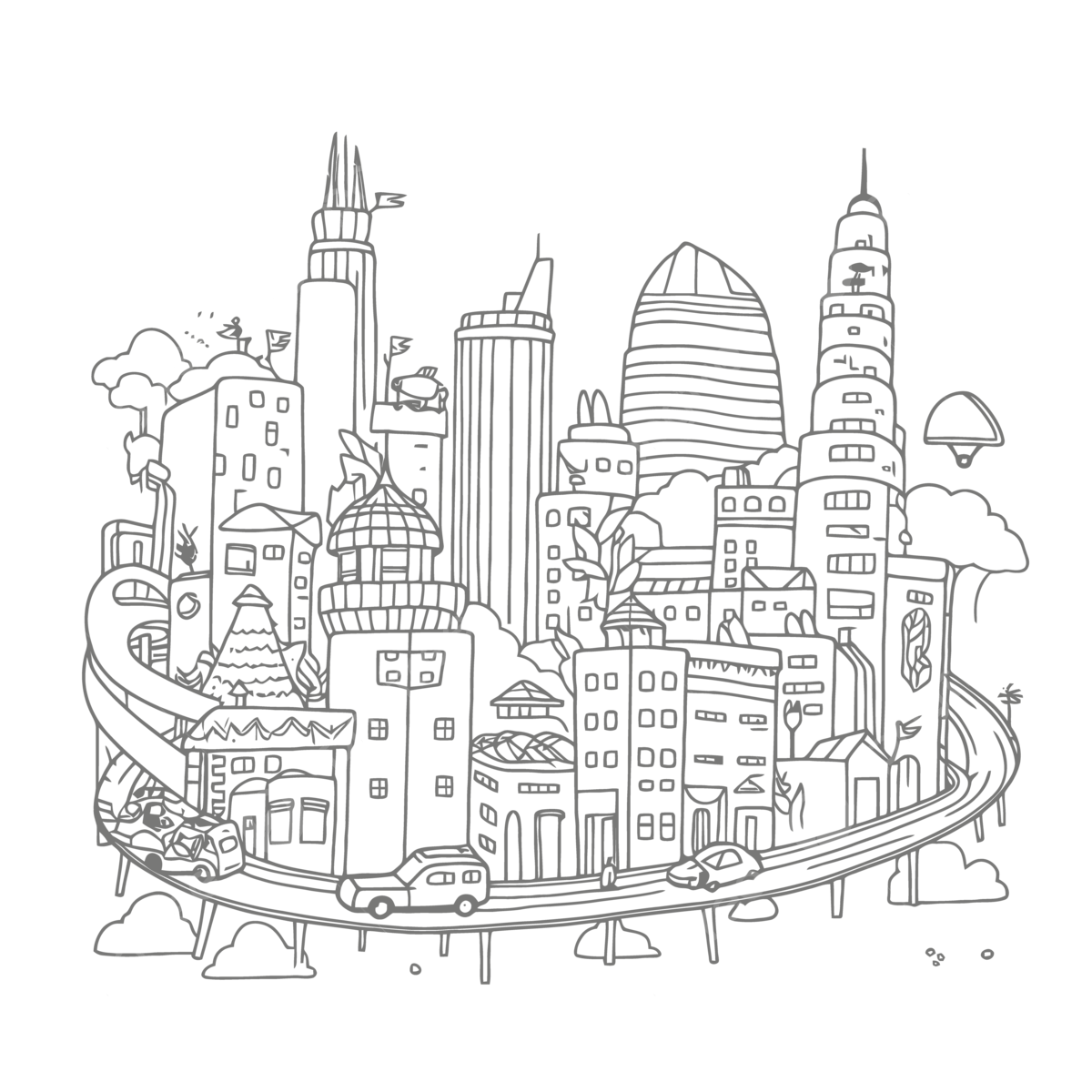 Coloring sheet city scene in the skyline art for home or tablet outline sketch drawing vector city drawing wing drawing sky drawing png and vector with transparent background for free download