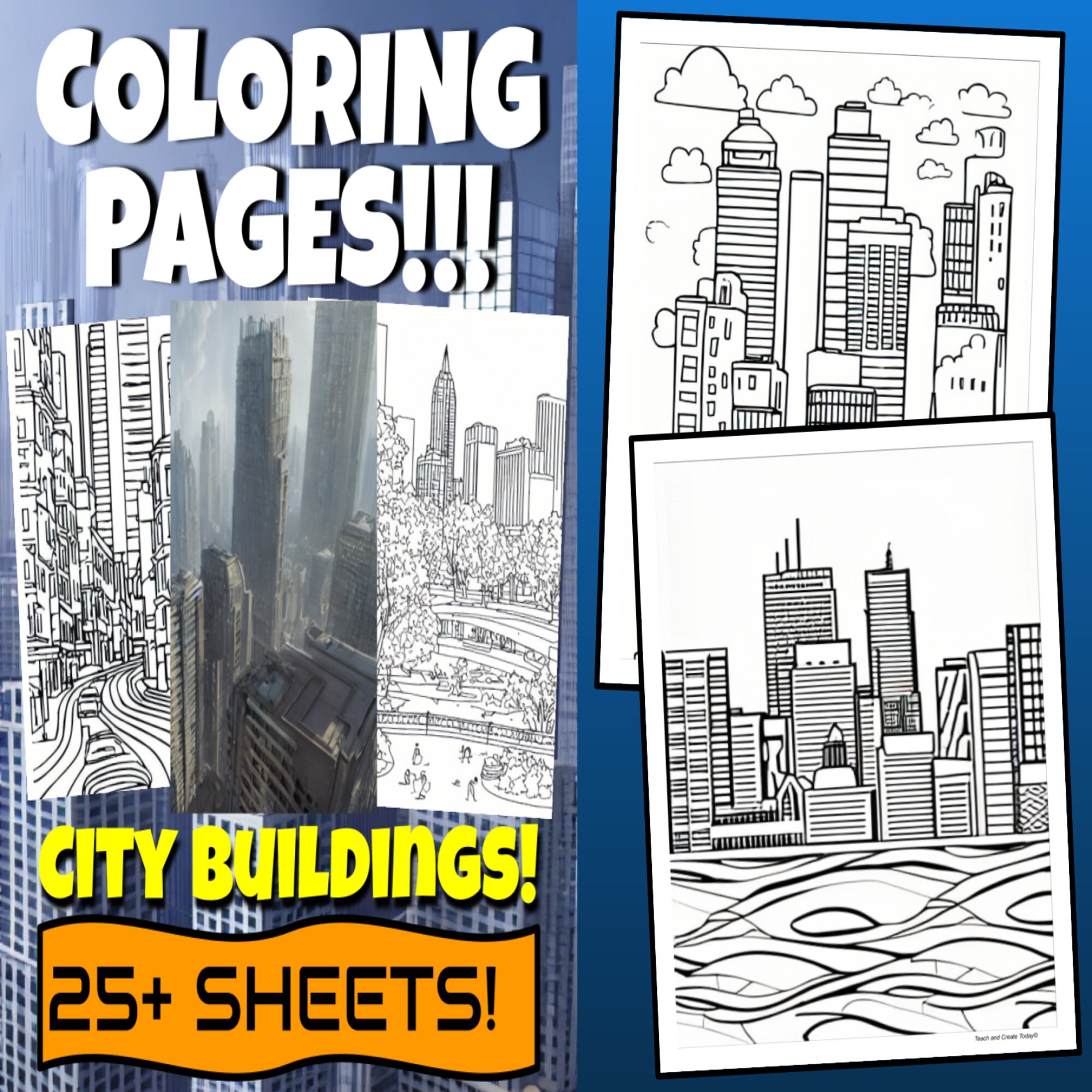 Coloring pages for kids city buildings over printable sheets
