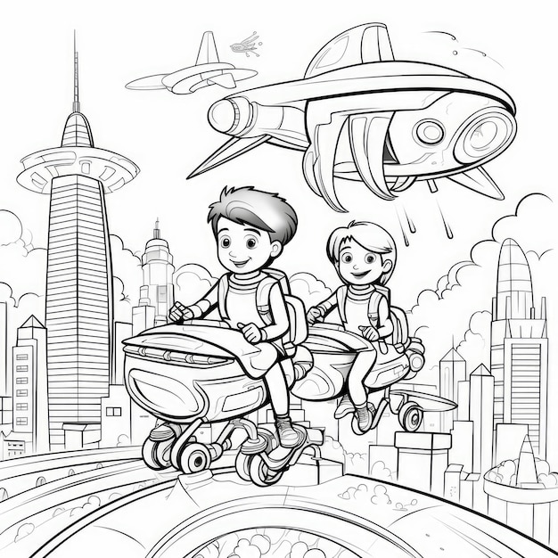 Premium ai image futuristic skyscraper adventures kids flying friends coloring book
