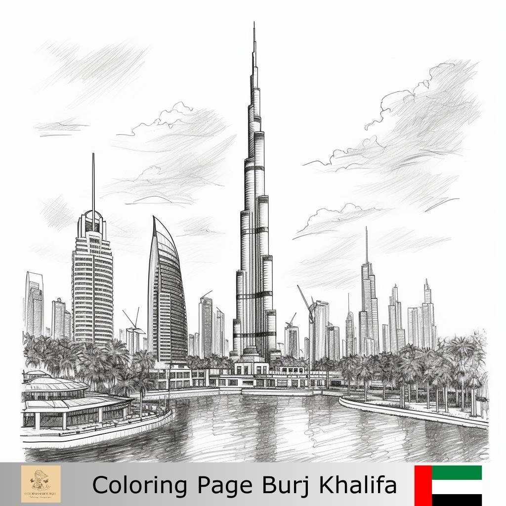 Greyscale burj khalifa dubay printable coloring page printable adult coloring page download greyscale illustration