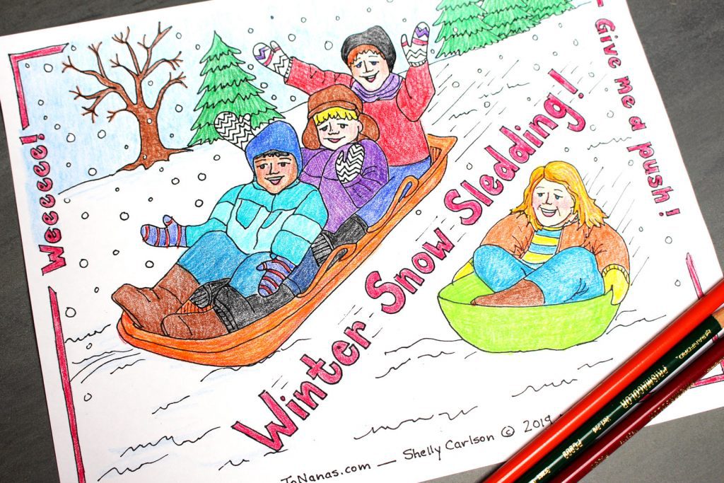 Winter snow sledding coloring page