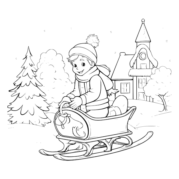 Premium vector boy riding on sleigh coloring page for kids
