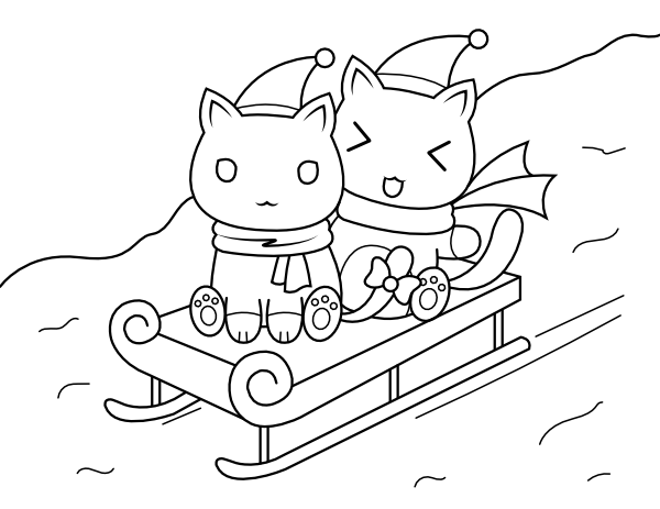 Printable cats riding sled coloring page