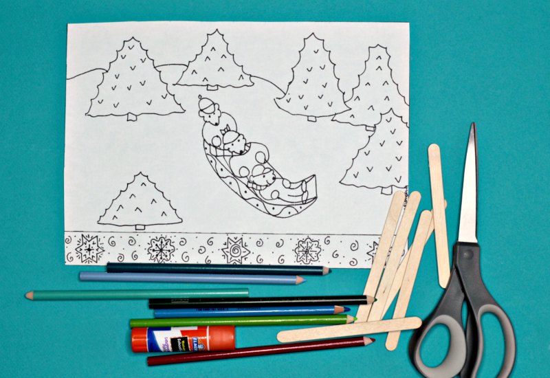 Sledding coloring page with snowflake puppets