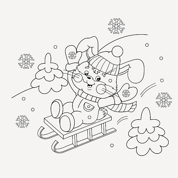 Coloring page outline of a happy bunny sledding stock illustration