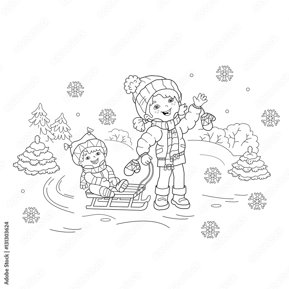 Coloring page outline of cartoon girl with brother sledding winter coloring book for kids vector