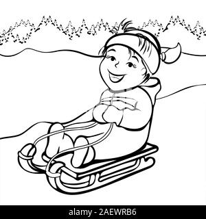 Girl sledding cartoon character black and white outline hand drawing coloring winter kids fun cute happy child joyful rides in sled on snow hill stock vector image art
