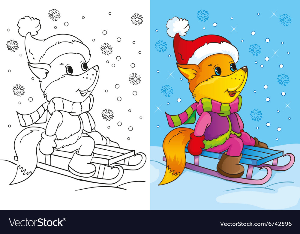 Coloring book of cute fox sits on sled royalty free vector