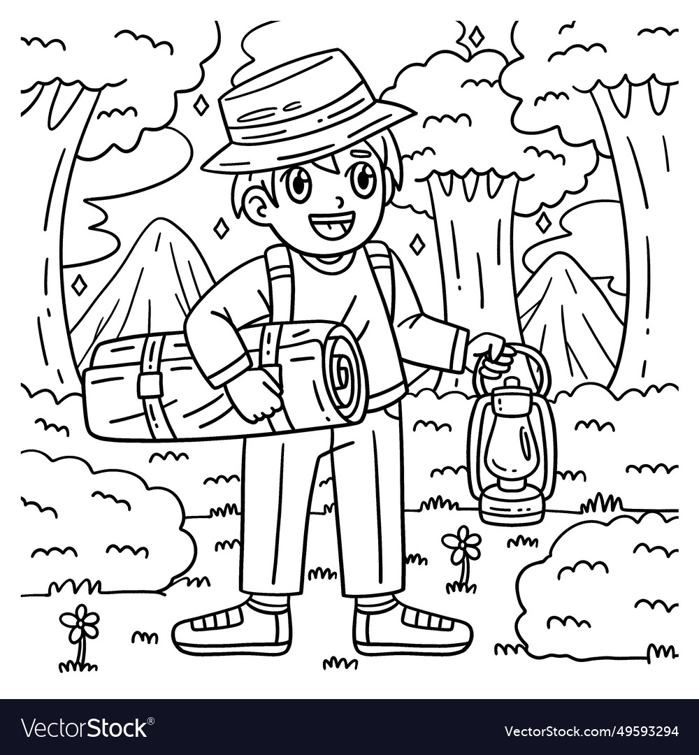 Camping camper with sleeping bag coloring page vector image
