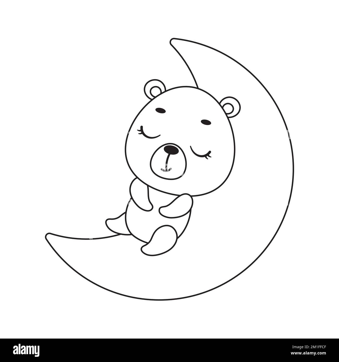 Coloring page cute little bear sleeping on moon coloring book for kids educational activity for preschool years kids and toddlers with cute animal stock vector image art