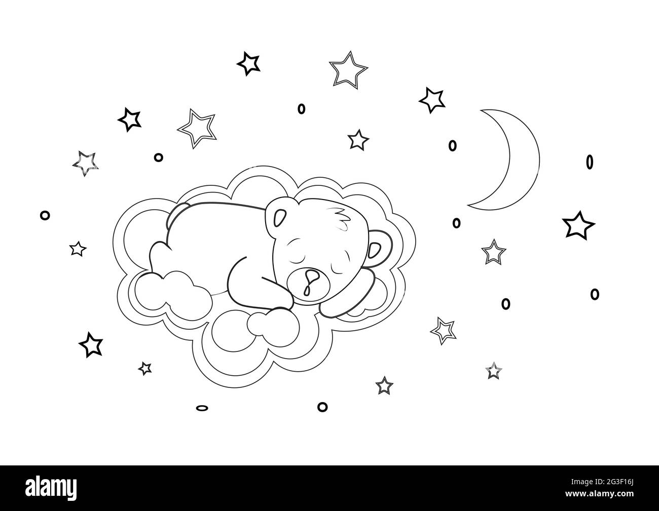Cute little teddy bear on a cloud in the starry sky with the moon coloring pages stock vector image art