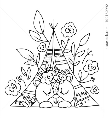 Vector bohemian bear sleeping in wigwam with