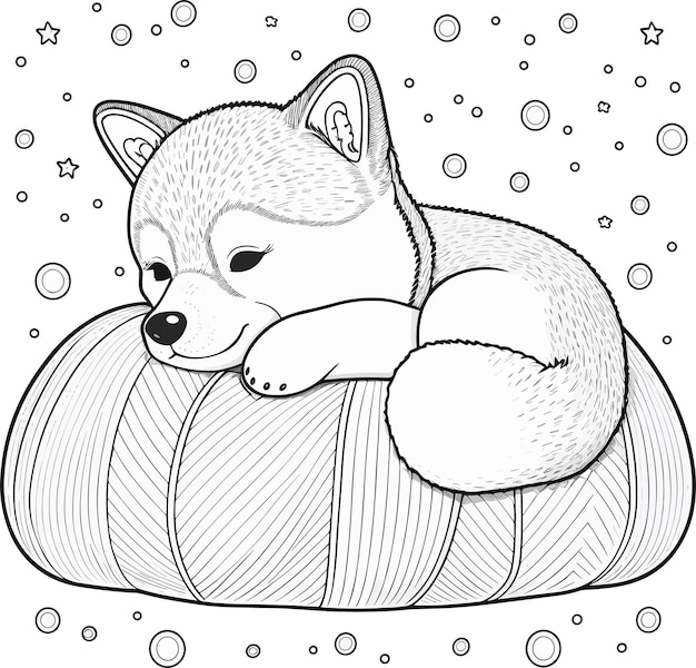 Premium vector a dog is sleeping on a pillow with a pattern of stars and the words shiba on it