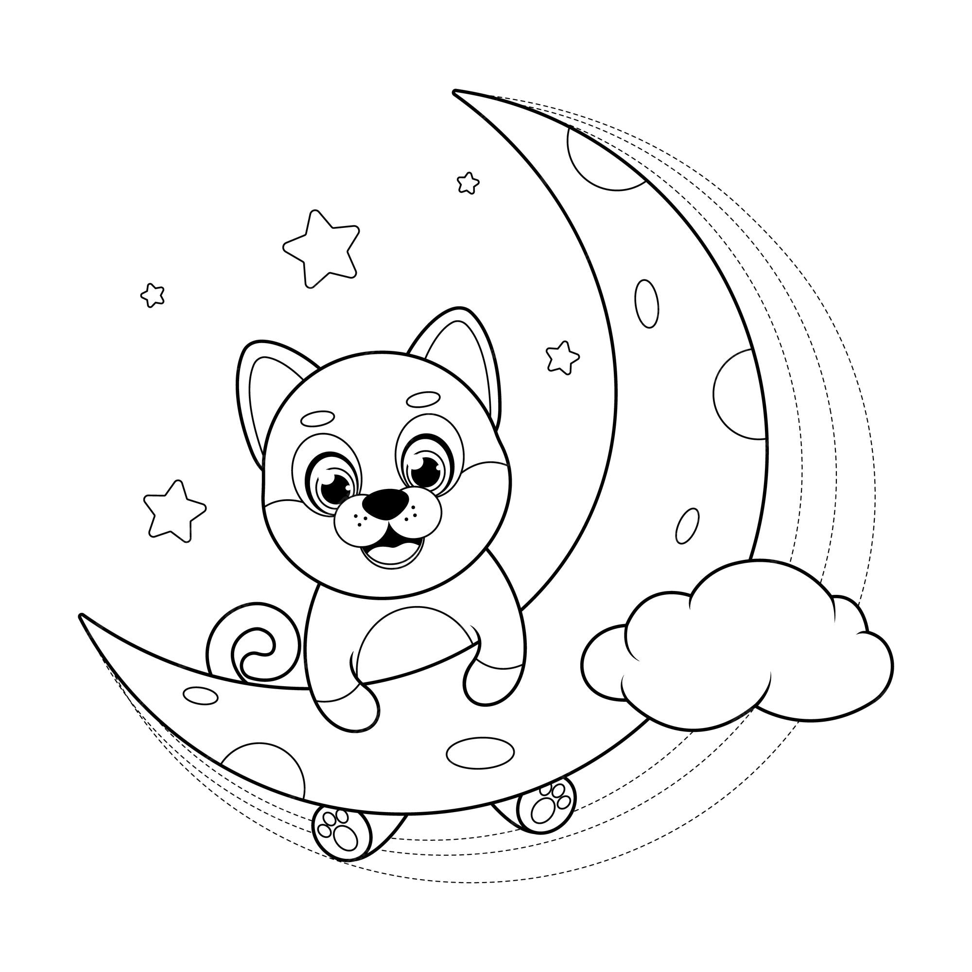 Premium vector coloring page little shiba inu dog holding on to the moon in the sky