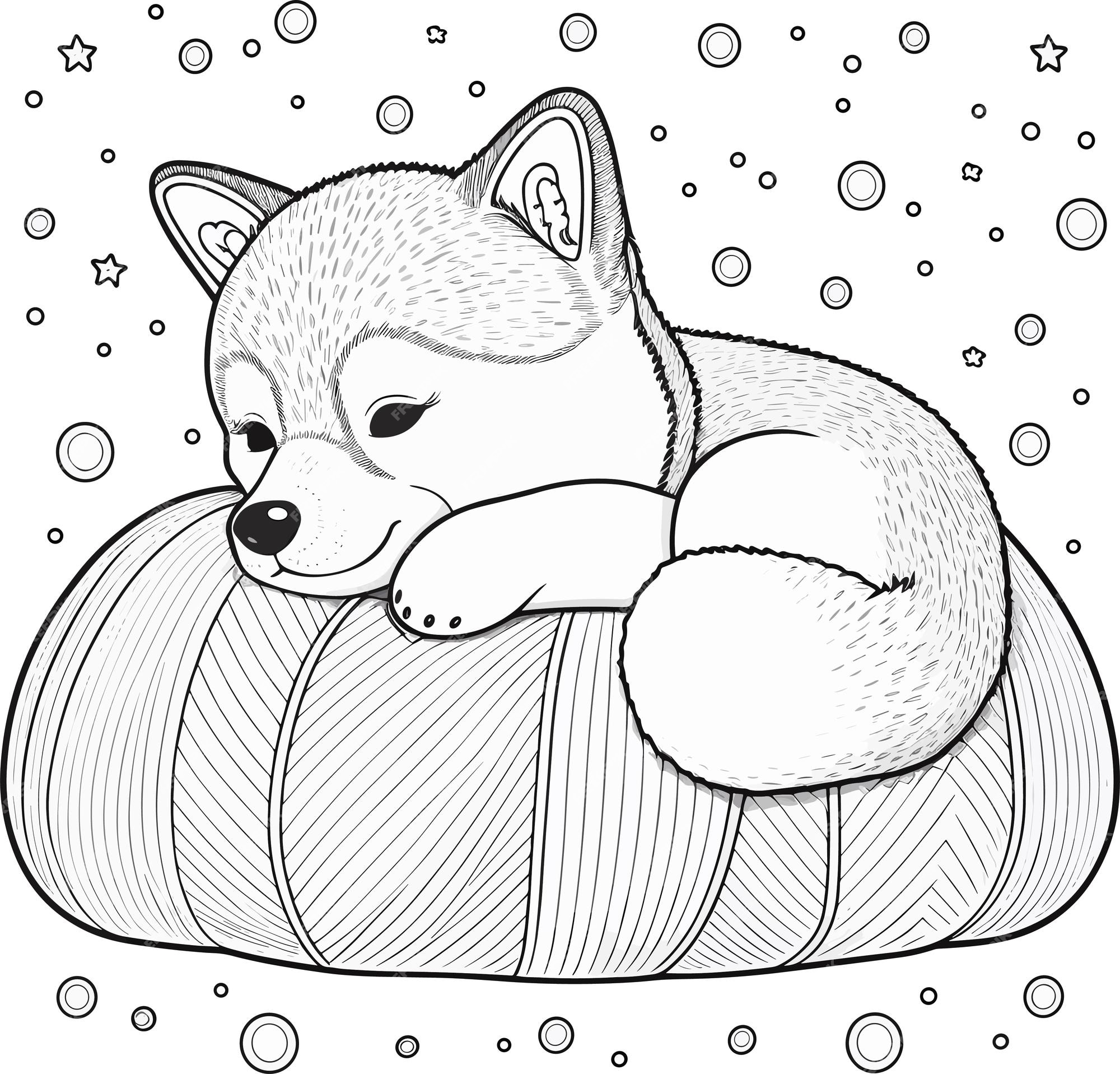 Premium vector a dog is sleeping on a pillow with a pattern of stars and the words shiba on it
