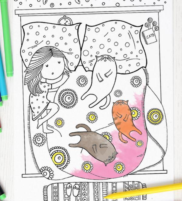 Cat slumber party coloring page