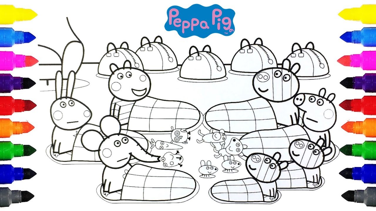 Peppa pig sleepover with friends coloring pages for kids