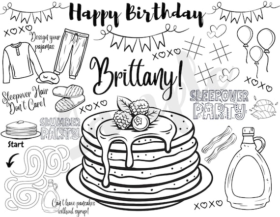 Customizable pancake birthday party coloring page sleepover birthday personalized birthday placemat coloring page slumber party
