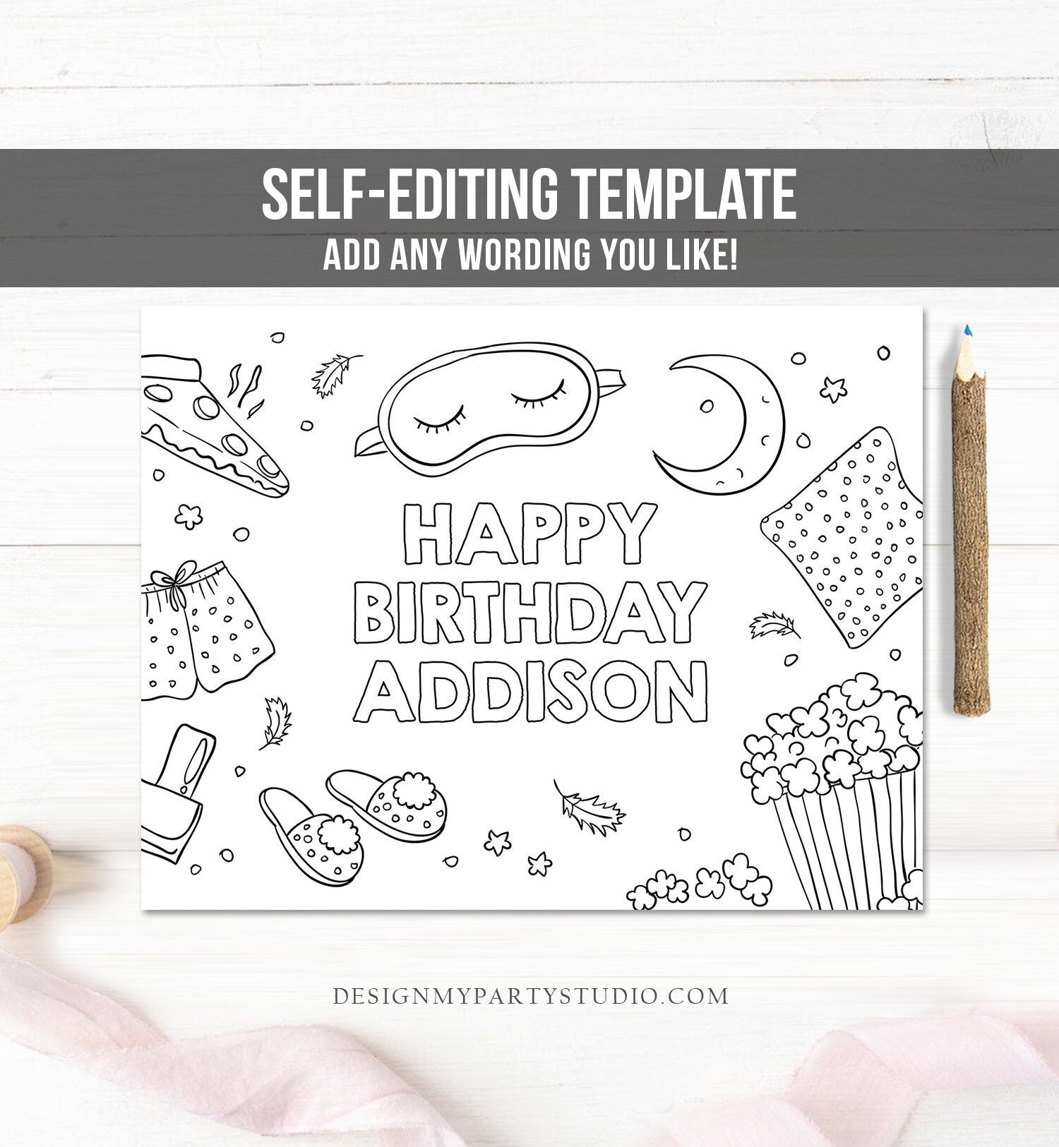 Editable coloring page sleepover birthday party activity game slumber