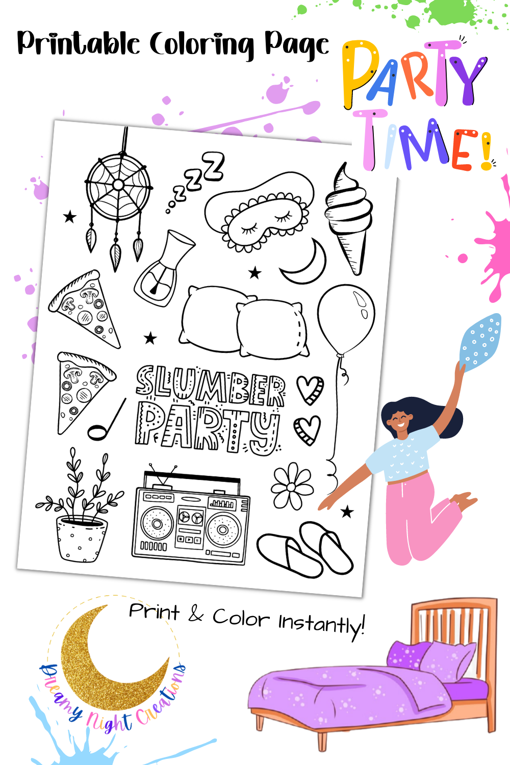 Printable sleepover coloring page slumber party coloring page