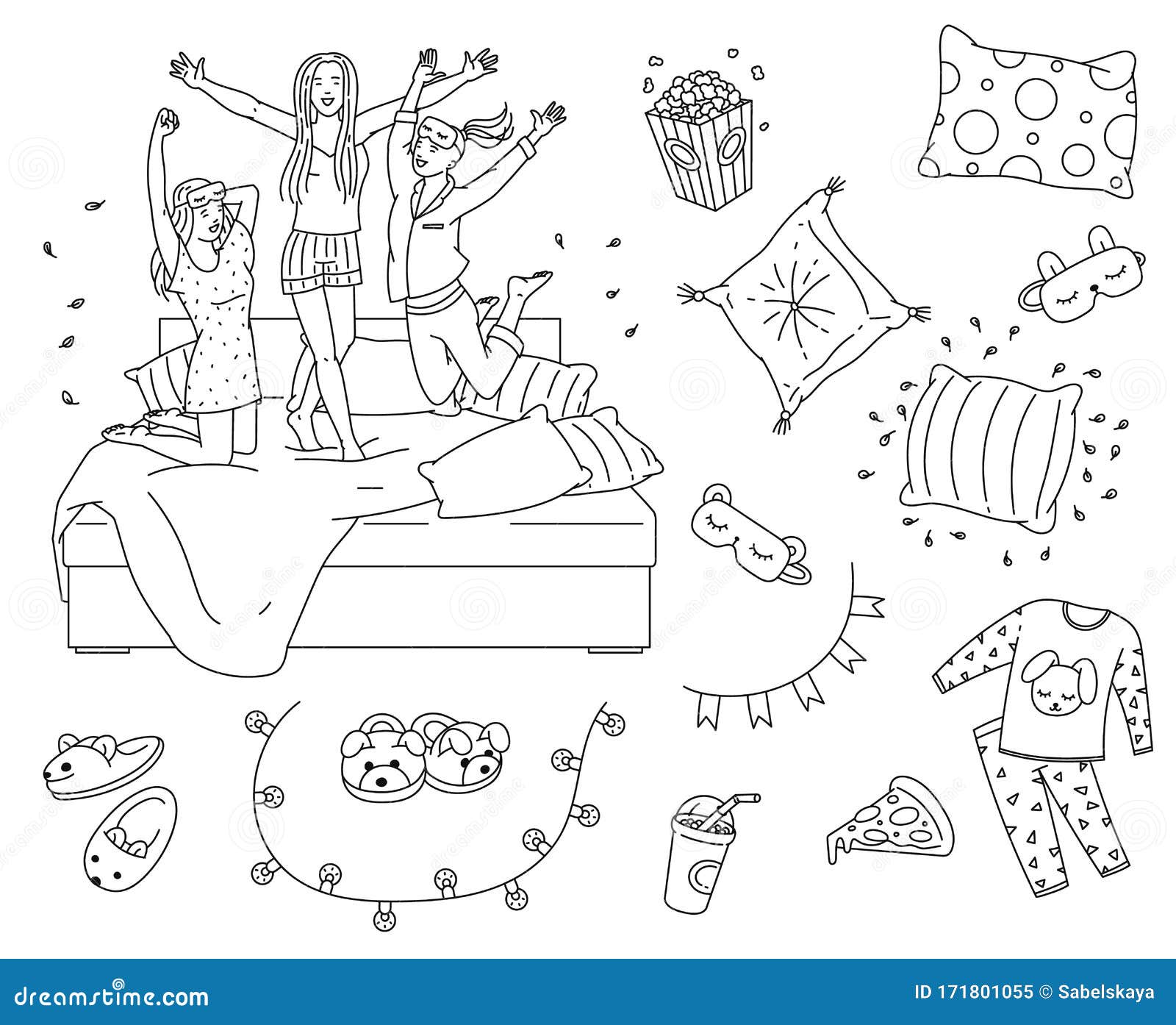 Sleepover slumber party element set in coloring book line art style stock vector