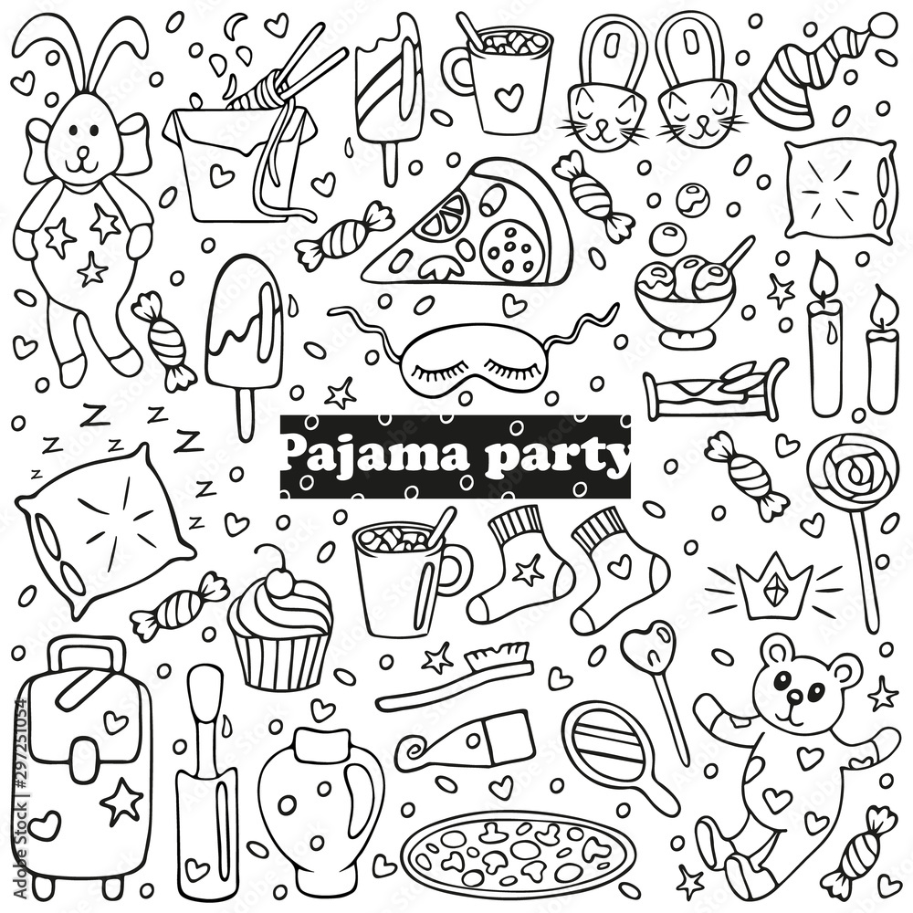Big set of pajama party icons sleepover or slumber party objects in doodle style isolated on white background for banners cards coloring book stickers design cute hand drawn vector vector