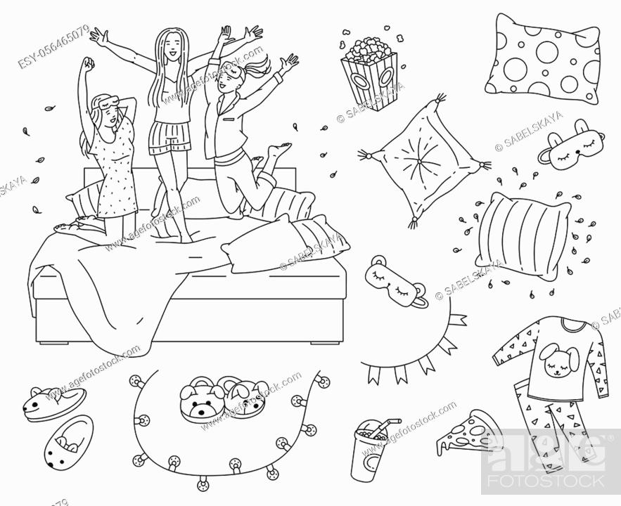 Sleepover slumber party element set in coloring book line art style