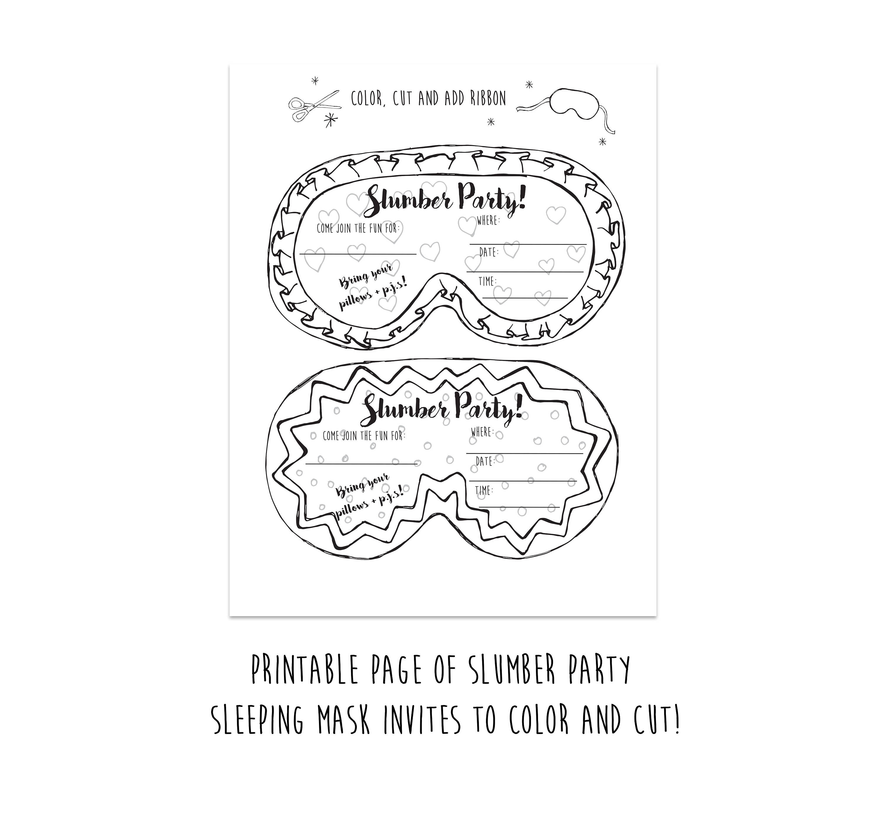 Printable coloring slumber party invitations sleeping mask invites girls birthday party tween girls