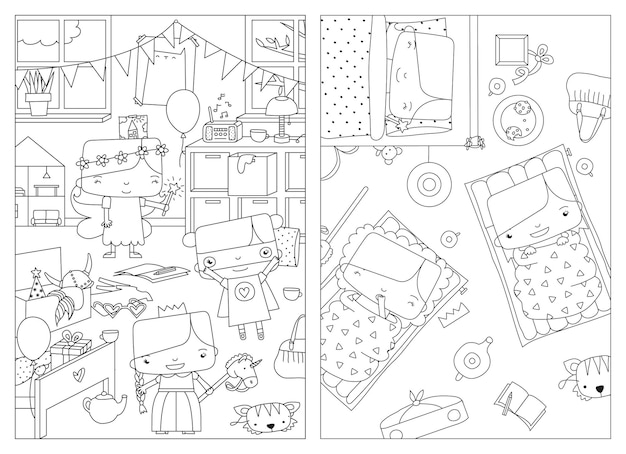 Premium vector sleepover fun coloring pages vector illustration