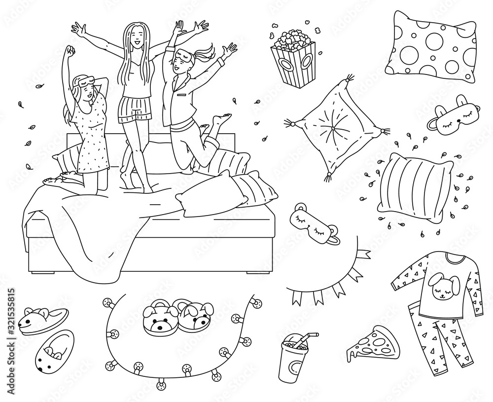 Sleepover slumber party element set in coloring book line art style vector