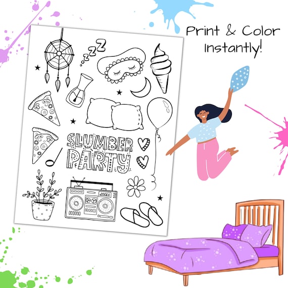 Printable sleepover coloring page slumber party coloring page for girls