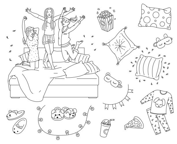 Sleepover slumber party element set in coloring book line art style stock illustration