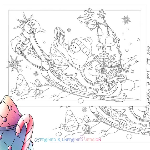 Christmas coloring page sleigh ride cute winter adult coloring page kawaii santa birds doodle digital download pdf printable by jen katz download now