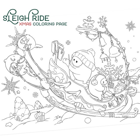 Christmas coloring page sleigh ride cute winter adult coloring page kawaii santa birds doodle digital download pdf printable by jen katz download now