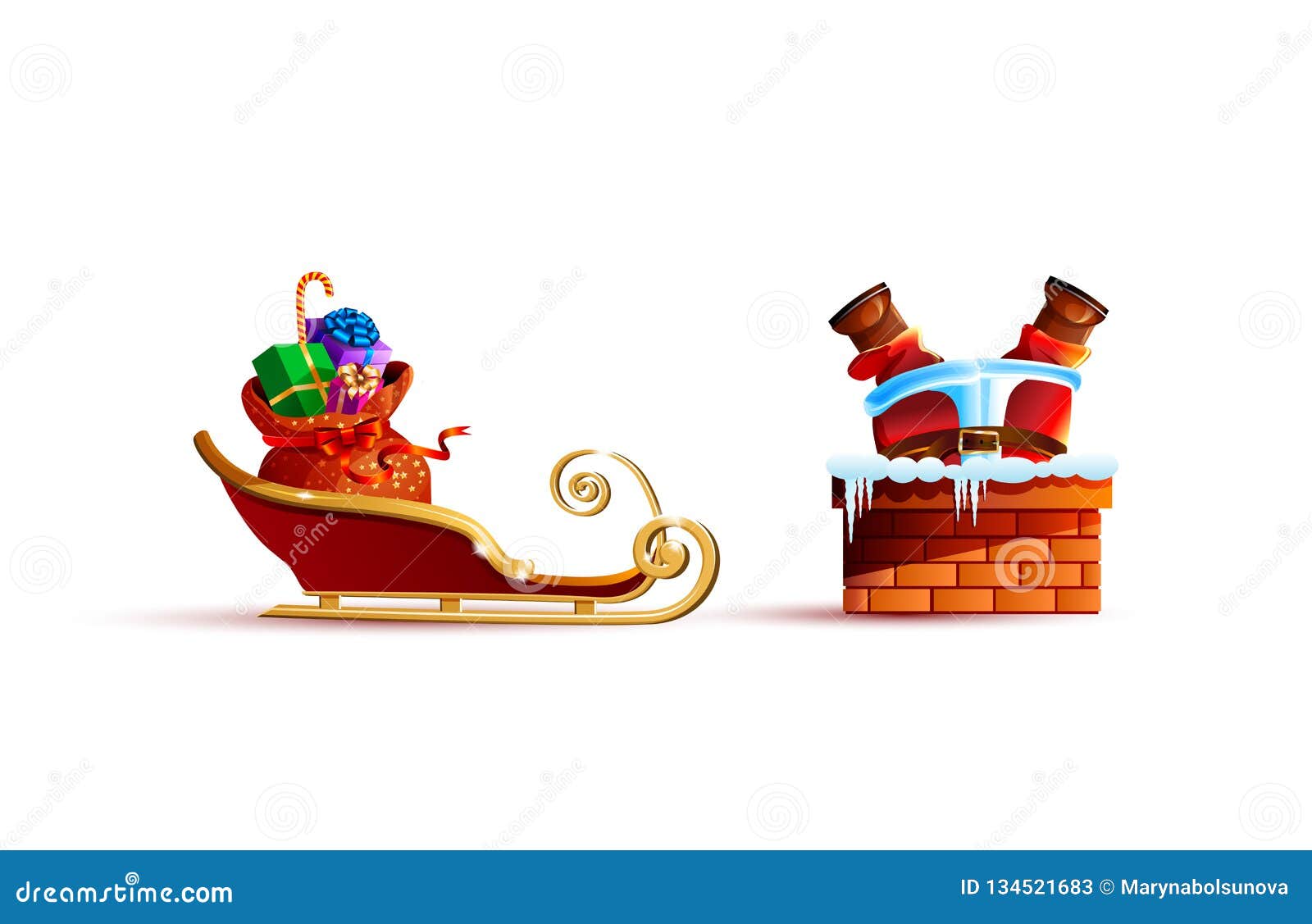 Santa claus stuck and sleigh bag gifts presents stock vector