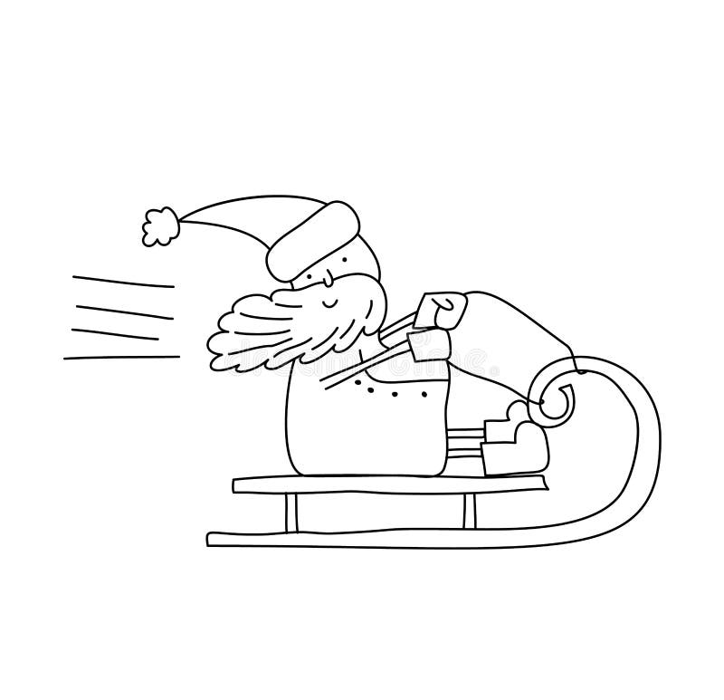 Cute vector monoline santa claus riding in his christmas sleigh or sled black and white hand drawn doodle scandinavian stock vector