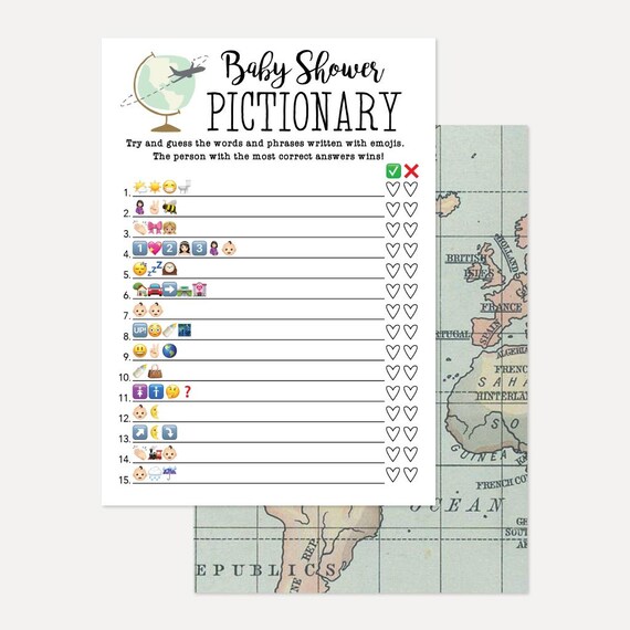 Map globe travel baby shower emoji game hadley designs baby shower printable games diy baby shower game instant download pictionary