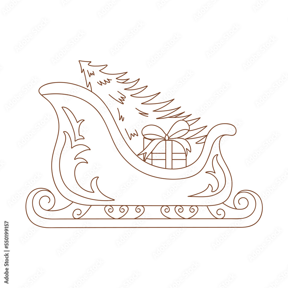 Coloring page outline of christmas santa claus sleigh outlined sleigh gift candy cane and spruce coloring vector book antistress for adult and kids vector